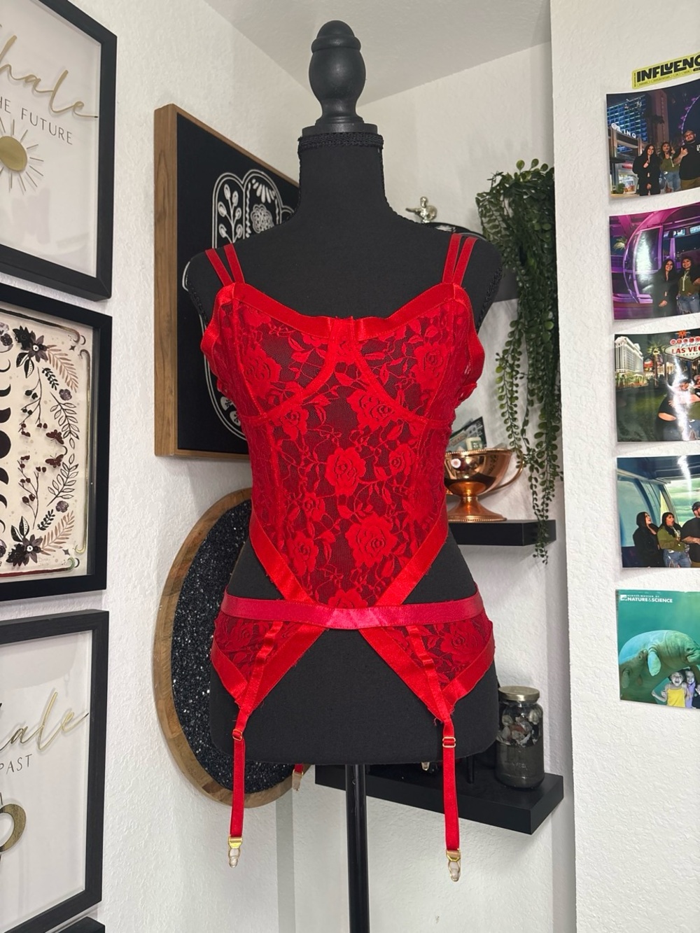 Forplay Red Lace Corset Bustier Top Garter Straps Lingerie Teddy Bodysuit Large